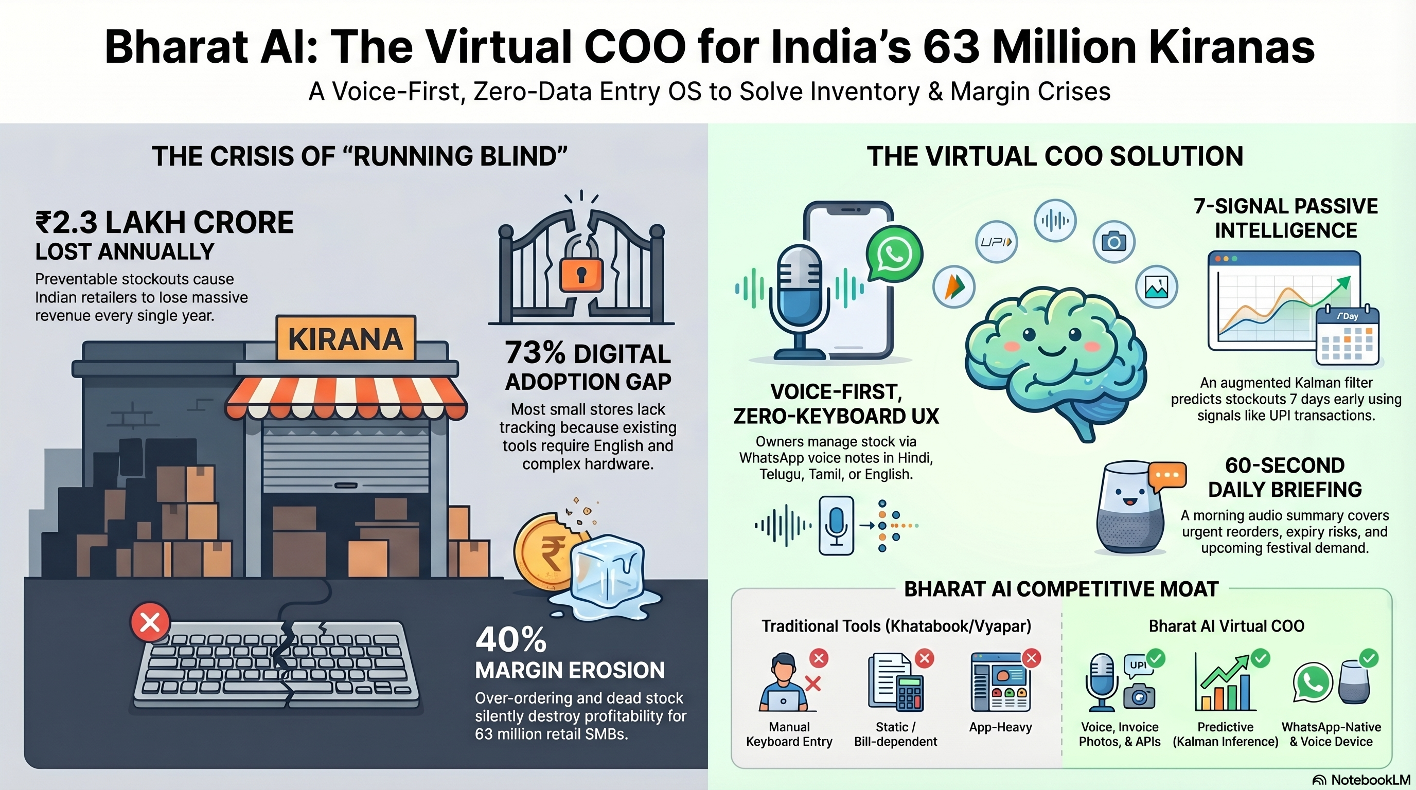 Bharat AI — The Virtual COO for India's 63 Million Kiranas: feature overview and competitive comparison